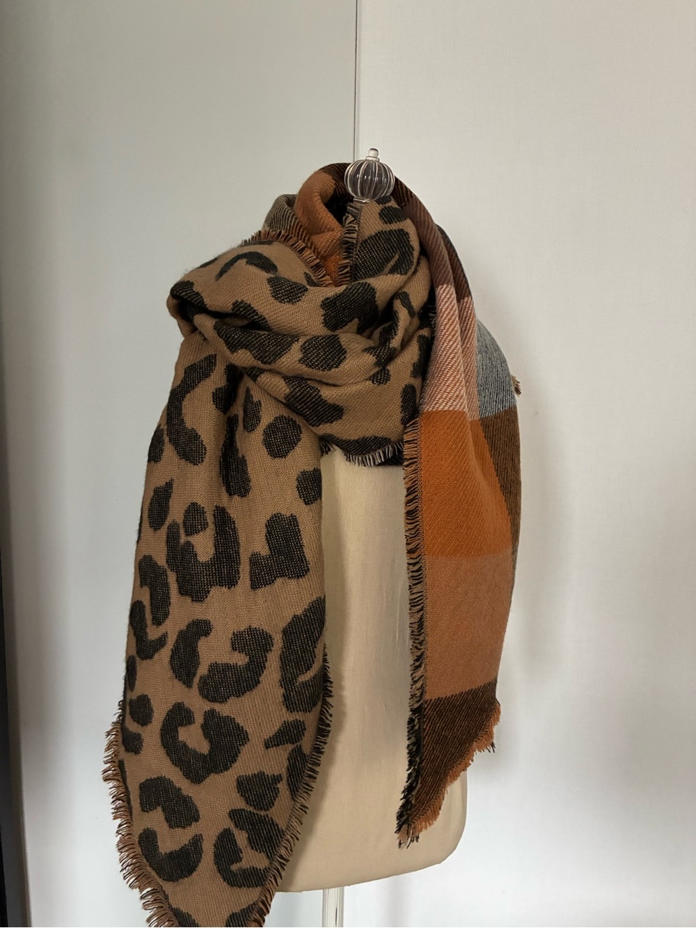 Leopard Print & Plaid Blanket Scarf - Tan, Black, Rust
